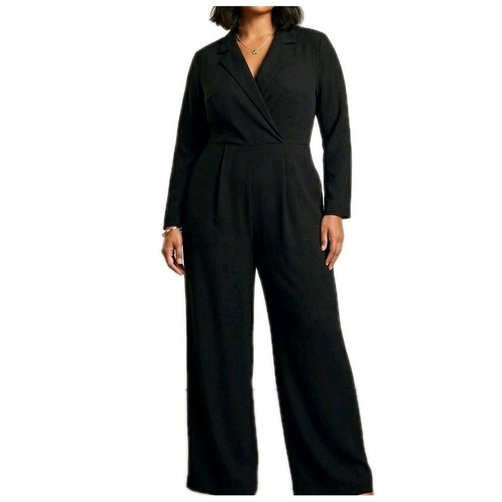 H&M Dressy Jumpsuit Womens Plus Size XXL Black Wrap Look Long Sleeve Wide Leg